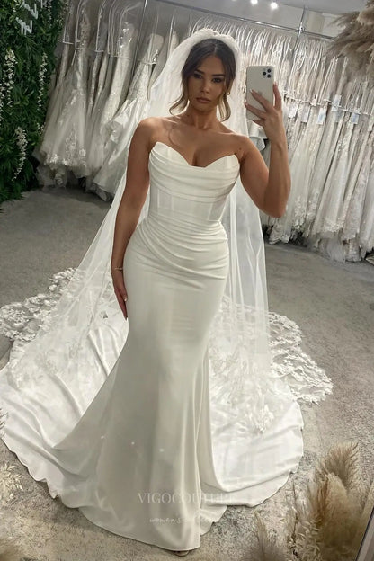 Ivory Crepe Mermaid Wedding Dress with Strapless Sweetheart Neckline, Ruched Bodice & Chapel Train – W2314