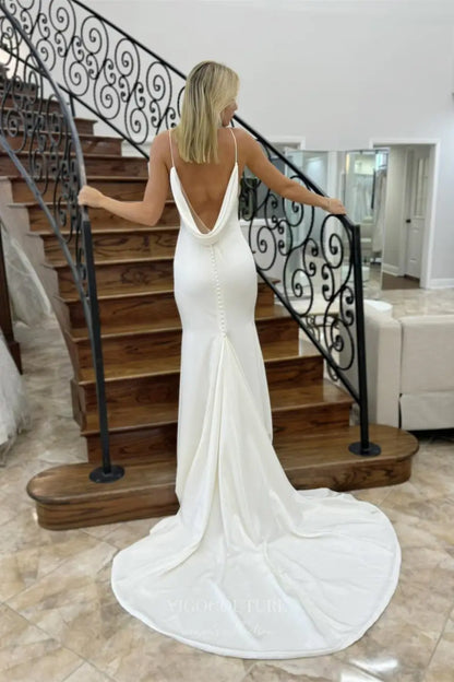 Wedding Dresses 2025 to impress Ivory Crepe Minimalist Wedding Dress with Spaghetti Straps, Draped Backless Design & Sweep Train – W2300-vigocouture-vigocouture