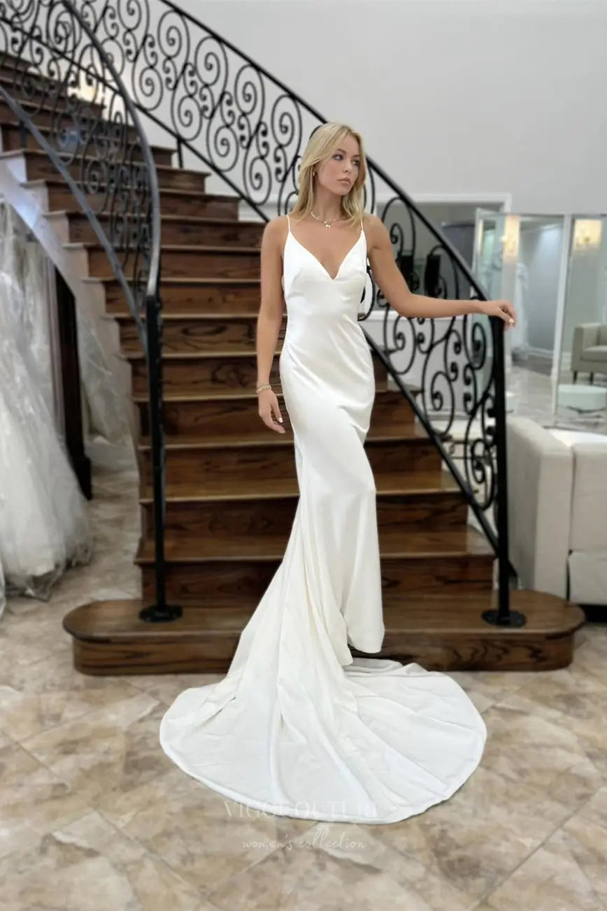 Ivory Crepe Minimalist Wedding Dress with Spaghetti Straps, Draped Backless Design & Sweep Train – W2300