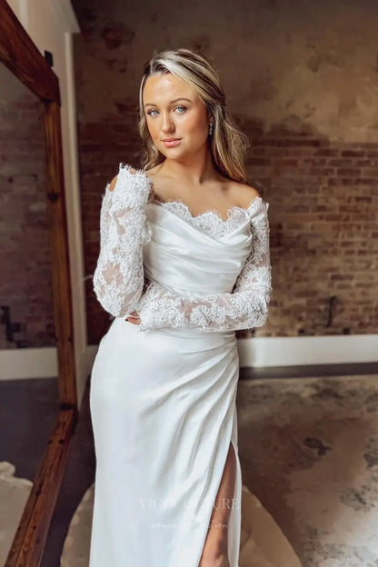 Wedding Dresses 2025 to impress Ivory Crepe Off-Shoulder Wedding Dress with Lace Long Sleeves, Ruched Bodice & Slit – W2313-vigocouture-vigocouture