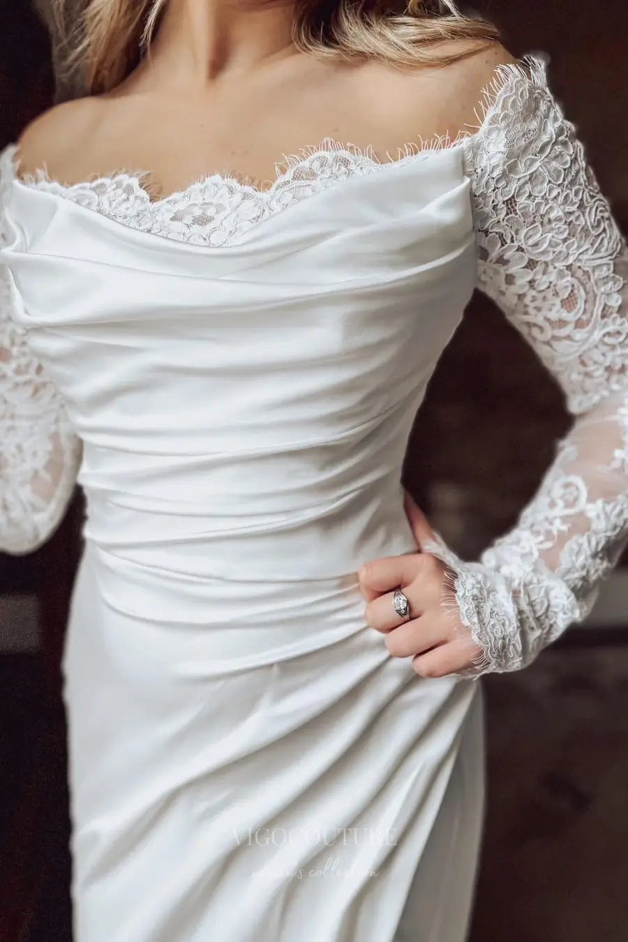 Wedding Dresses 2025 to impress Ivory Crepe Off-Shoulder Wedding Dress with Lace Long Sleeves, Ruched Bodice & Slit – W2313-vigocouture-vigocouture