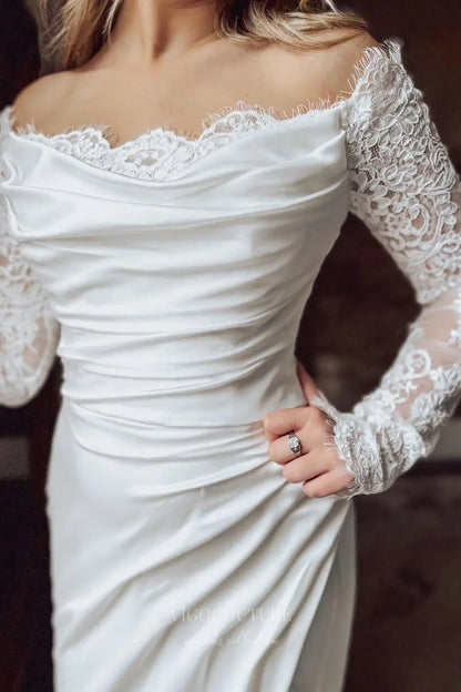 Wedding Dresses 2025 to impress Ivory Crepe Off-Shoulder Wedding Dress with Lace Long Sleeves, Ruched Bodice & Slit – W2313-vigocouture-vigocouture