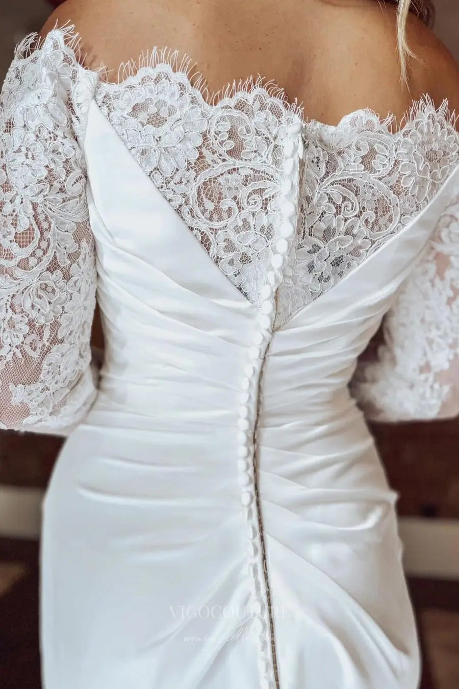 Wedding Dresses 2025 to impress Ivory Crepe Off-Shoulder Wedding Dress with Lace Long Sleeves, Ruched Bodice & Slit – W2313-vigocouture-vigocouture