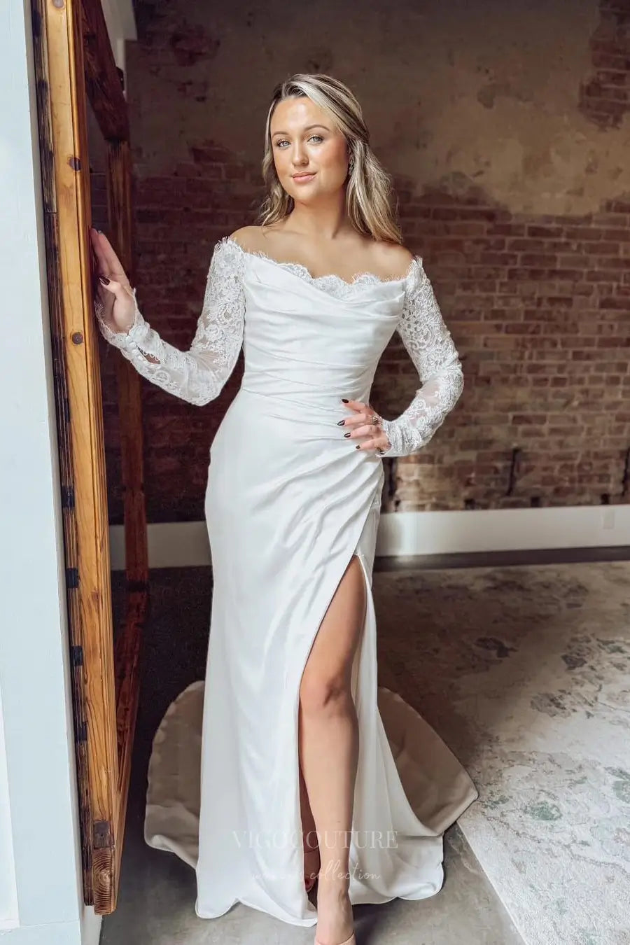 Ivory Crepe Off-Shoulder Wedding Dress with Lace Long Sleeves, Ruched Bodice & Slit – W2313