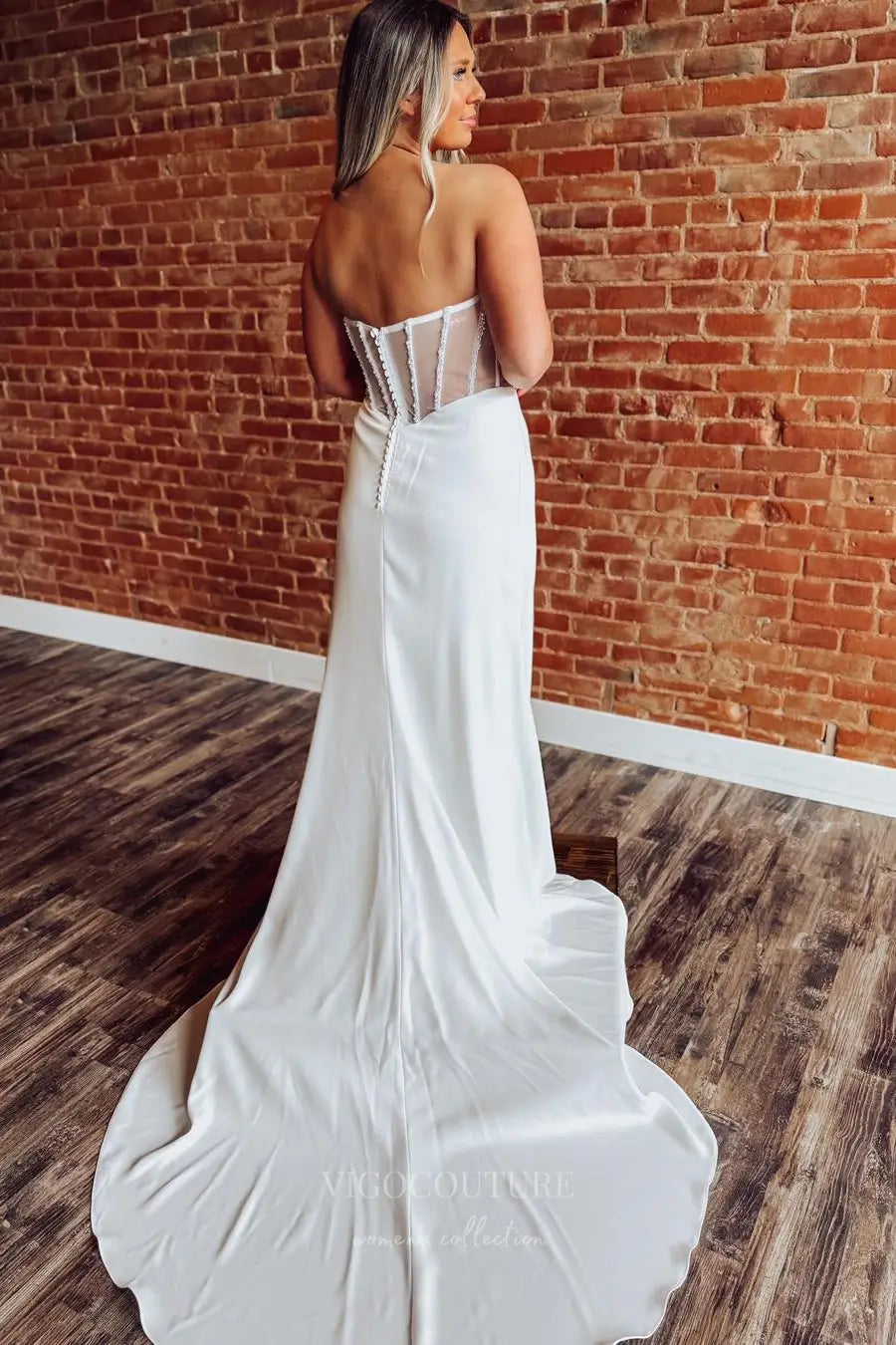 Wedding Dresses 2025 to impress Ivory Crepe Off-Shoulder Wedding Dress with Sheer Pearl Beaded Corset, Slit & Chapel Train – W2317-vigocouture-vigocouture