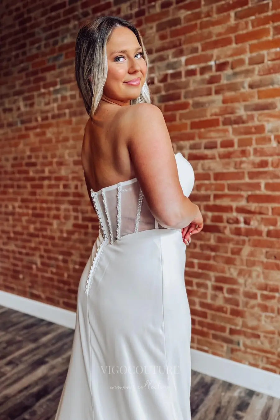 Wedding Dresses 2025 to impress Ivory Crepe Off-Shoulder Wedding Dress with Sheer Pearl Beaded Corset, Slit & Chapel Train – W2317-vigocouture-vigocouture