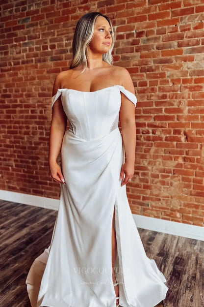 Ivory Crepe Off-Shoulder Wedding Dress with Sheer Pearl Beaded Corset, Slit & Chapel Train – W2317
