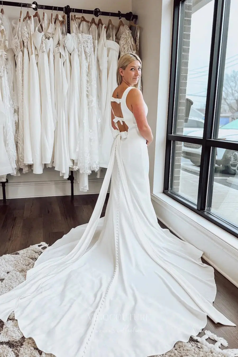 Wedding Dresses 2025 to impress Ivory Crepe Sheath Wedding Dress with Open Bow Back, Side Cut Bodice & Chapel Train – W2309-vigocouture-vigocouture
