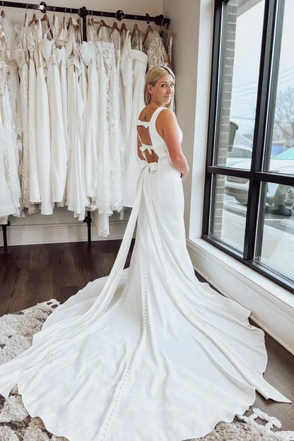 Wedding Dresses 2025 to impress Ivory Crepe Sheath Wedding Dress with Open Bow Back, Side Cut Bodice & Chapel Train – W2309-vigocouture-vigocouture