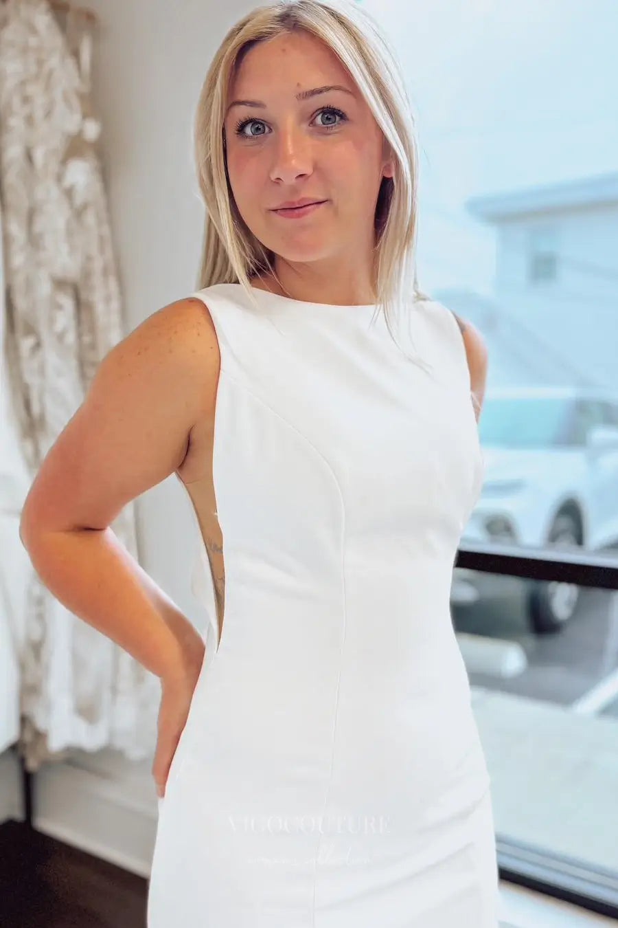 Wedding Dresses 2025 to impress Ivory Crepe Sheath Wedding Dress with Open Bow Back, Side Cut Bodice & Chapel Train – W2309-vigocouture-vigocouture