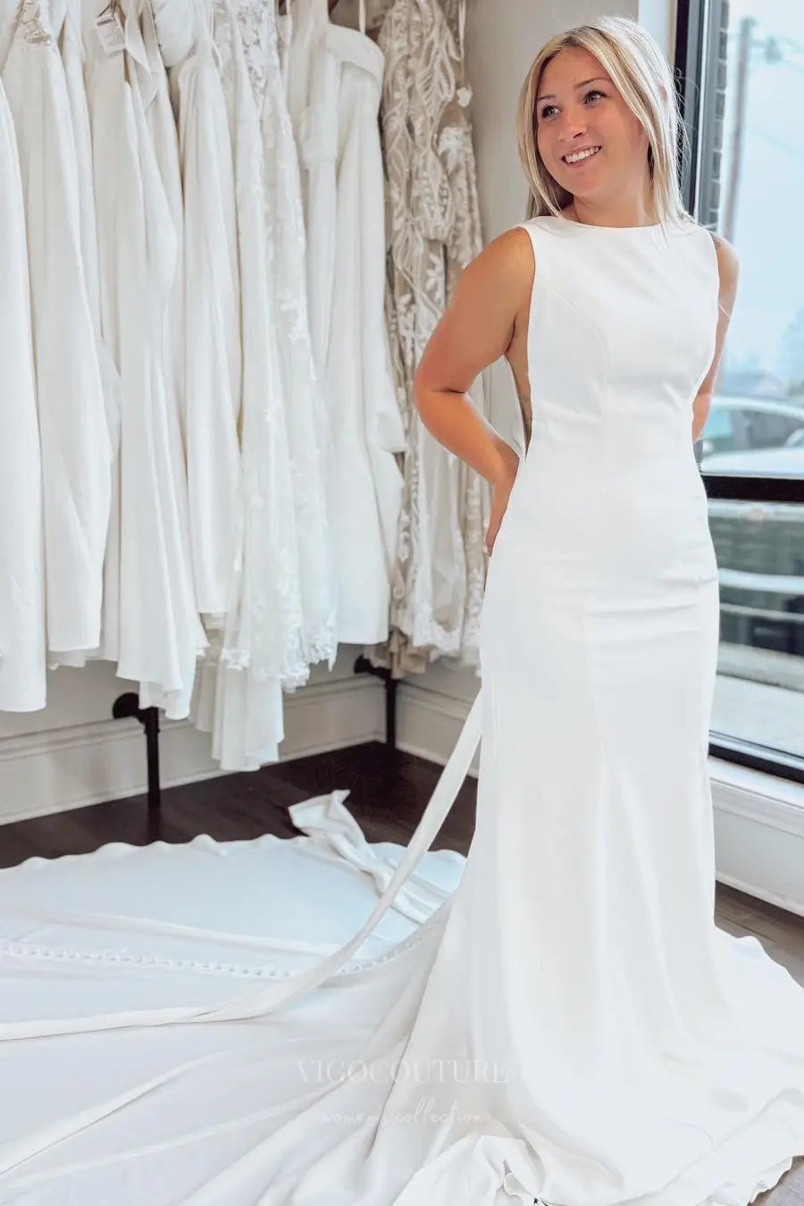 Ivory Crepe Sheath Wedding Dress with Open Bow Back, Side Cut Bodice & Chapel Train – W2309