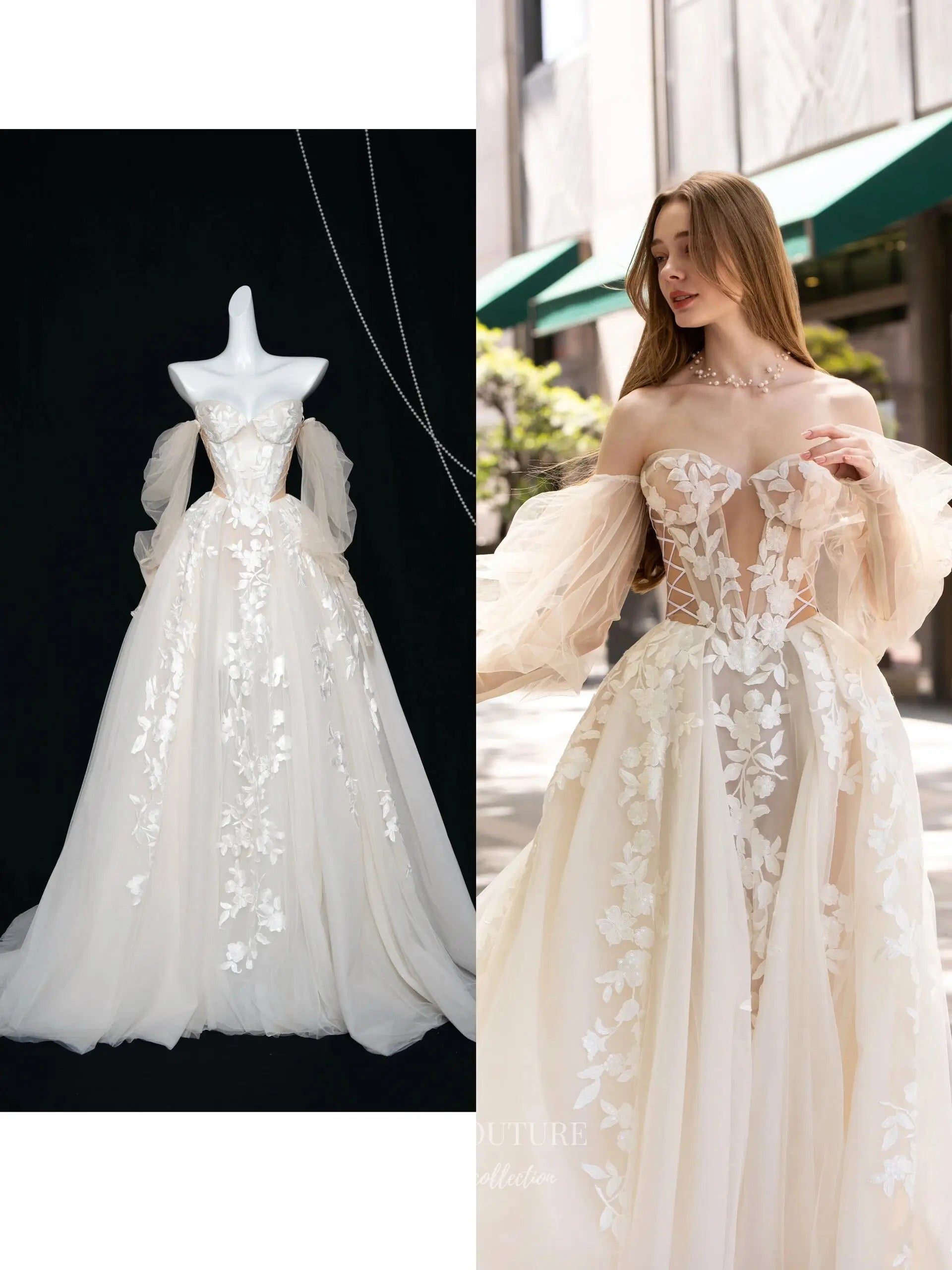 Wedding Dresses 2025 to impress Ivory Floral Appliqué Wedding Dress with Sheer Corset Bodice, Puffy Sleeves, and Chapel Train – RD034-vigocouture-vigocouture