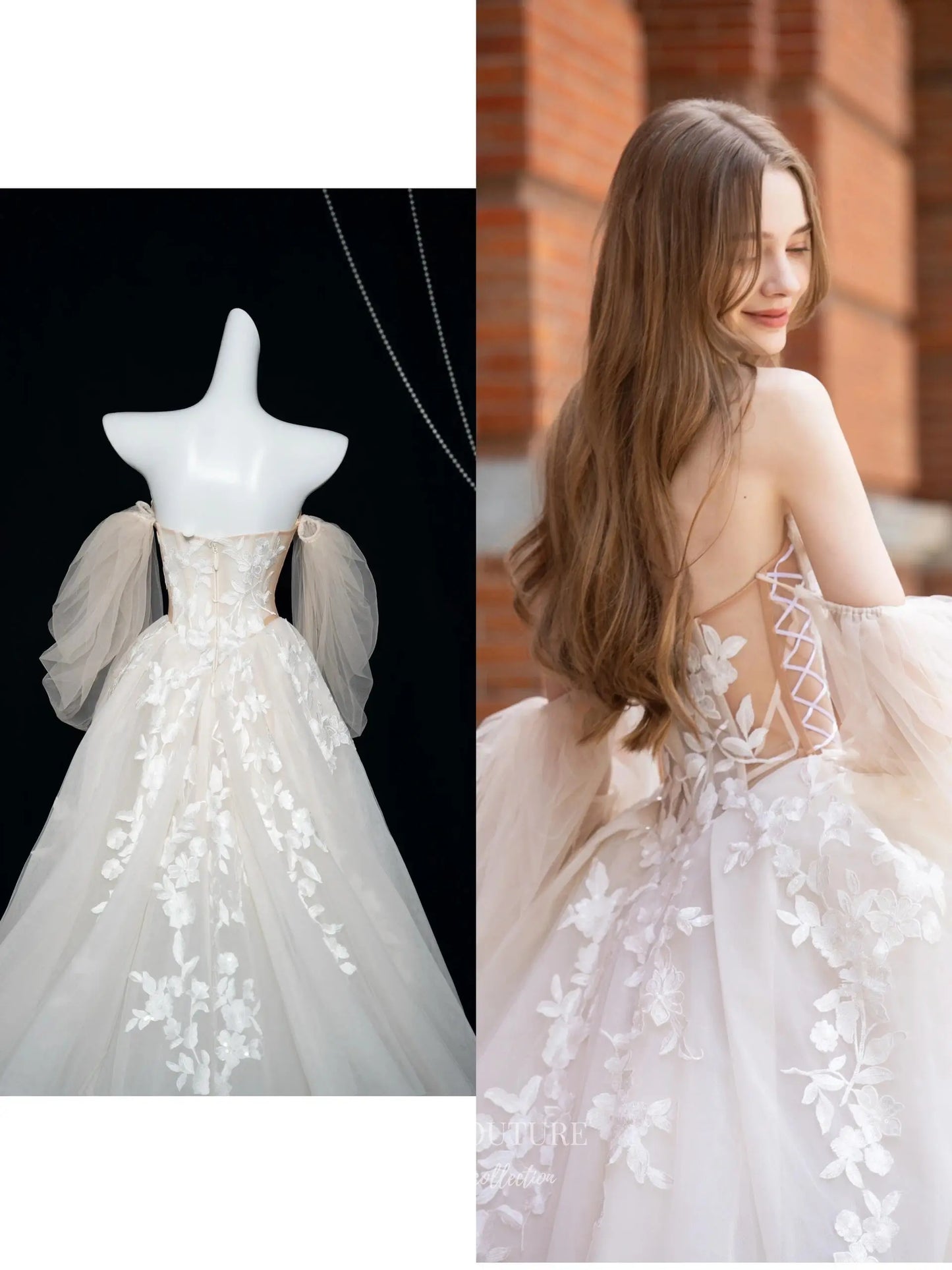 Wedding Dresses 2025 to impress Ivory Floral Appliqué Wedding Dress with Sheer Corset Bodice, Puffy Sleeves, and Chapel Train – RD034-vigocouture-vigocouture