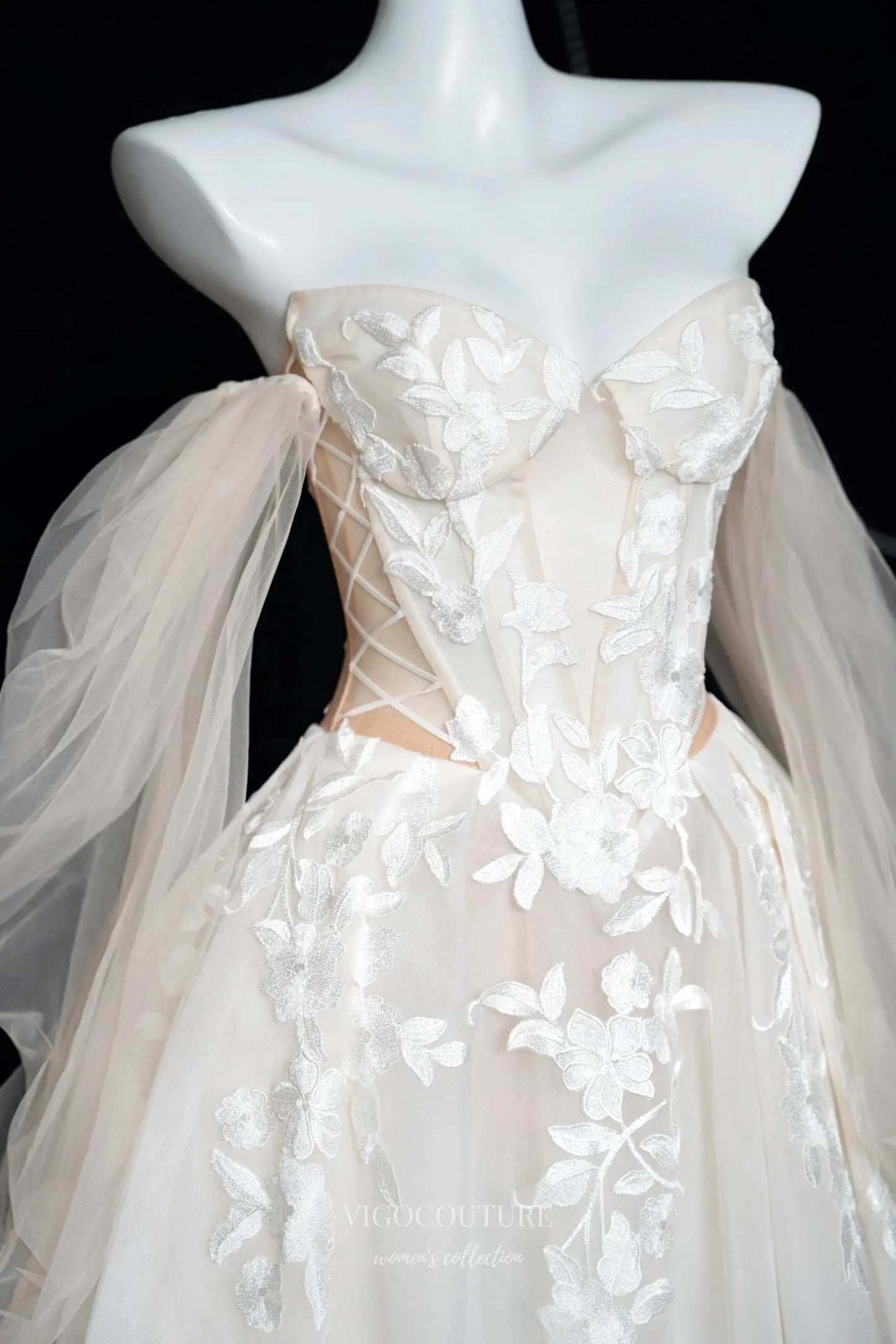 Wedding Dresses 2025 to impress Ivory Floral Appliqué Wedding Dress with Sheer Corset Bodice, Puffy Sleeves, and Chapel Train – RD034-vigocouture-vigocouture