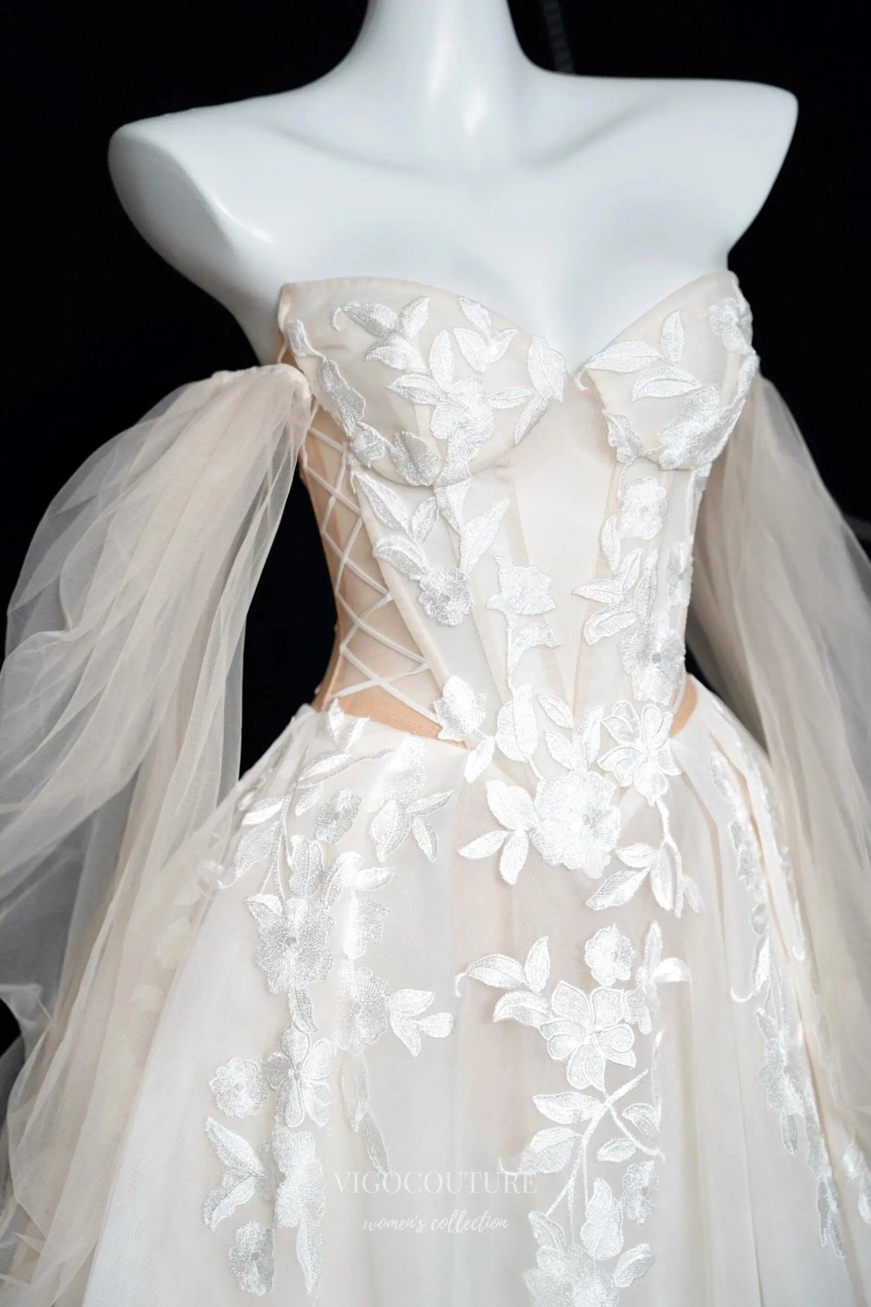 Wedding Dresses 2025 to impress Ivory Floral Appliqué Wedding Dress with Sheer Corset Bodice, Puffy Sleeves, and Chapel Train – RD034-vigocouture-vigocouture