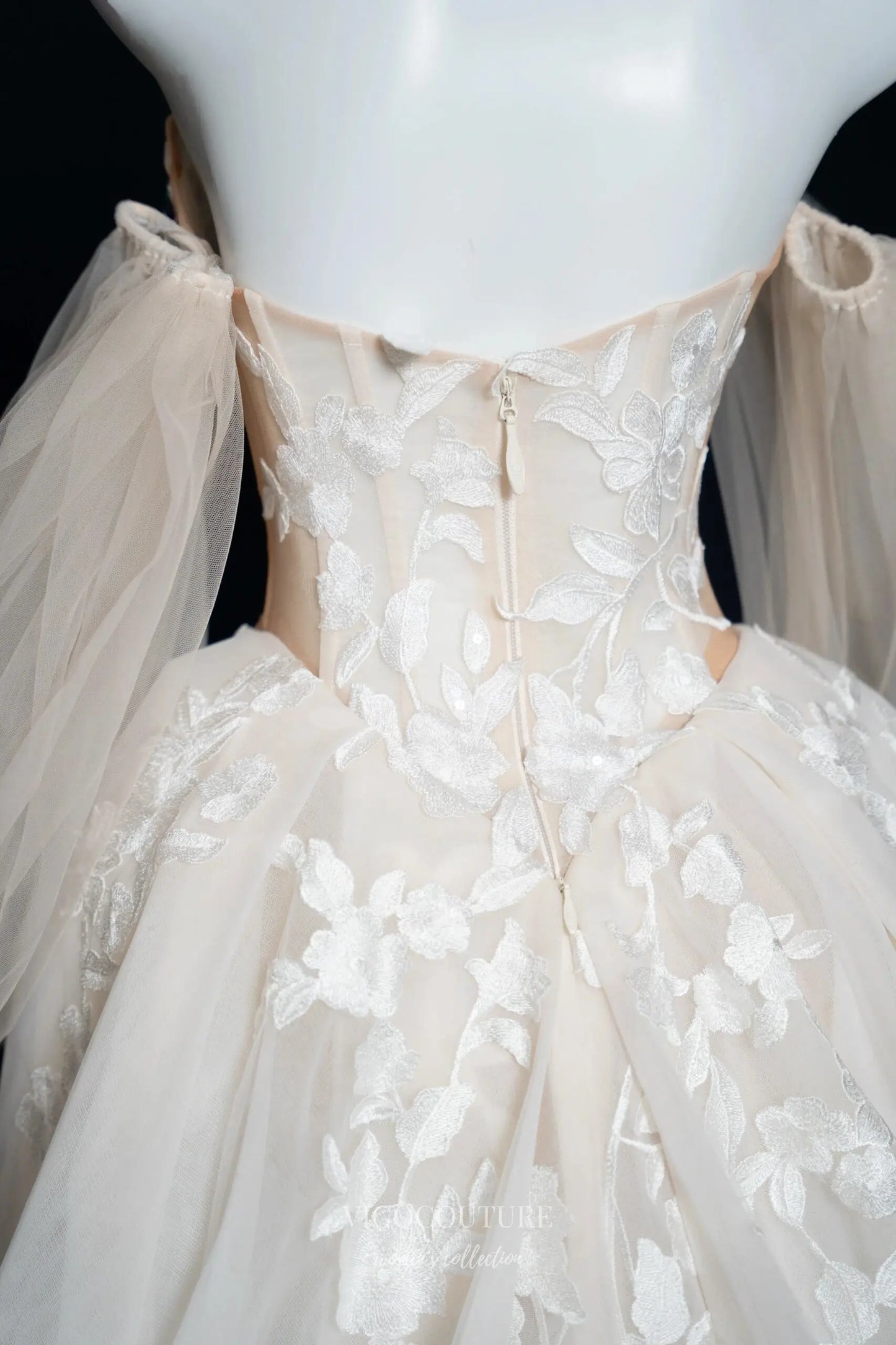 Wedding Dresses 2025 to impress Ivory Floral Appliqué Wedding Dress with Sheer Corset Bodice, Puffy Sleeves, and Chapel Train – RD034-vigocouture-vigocouture