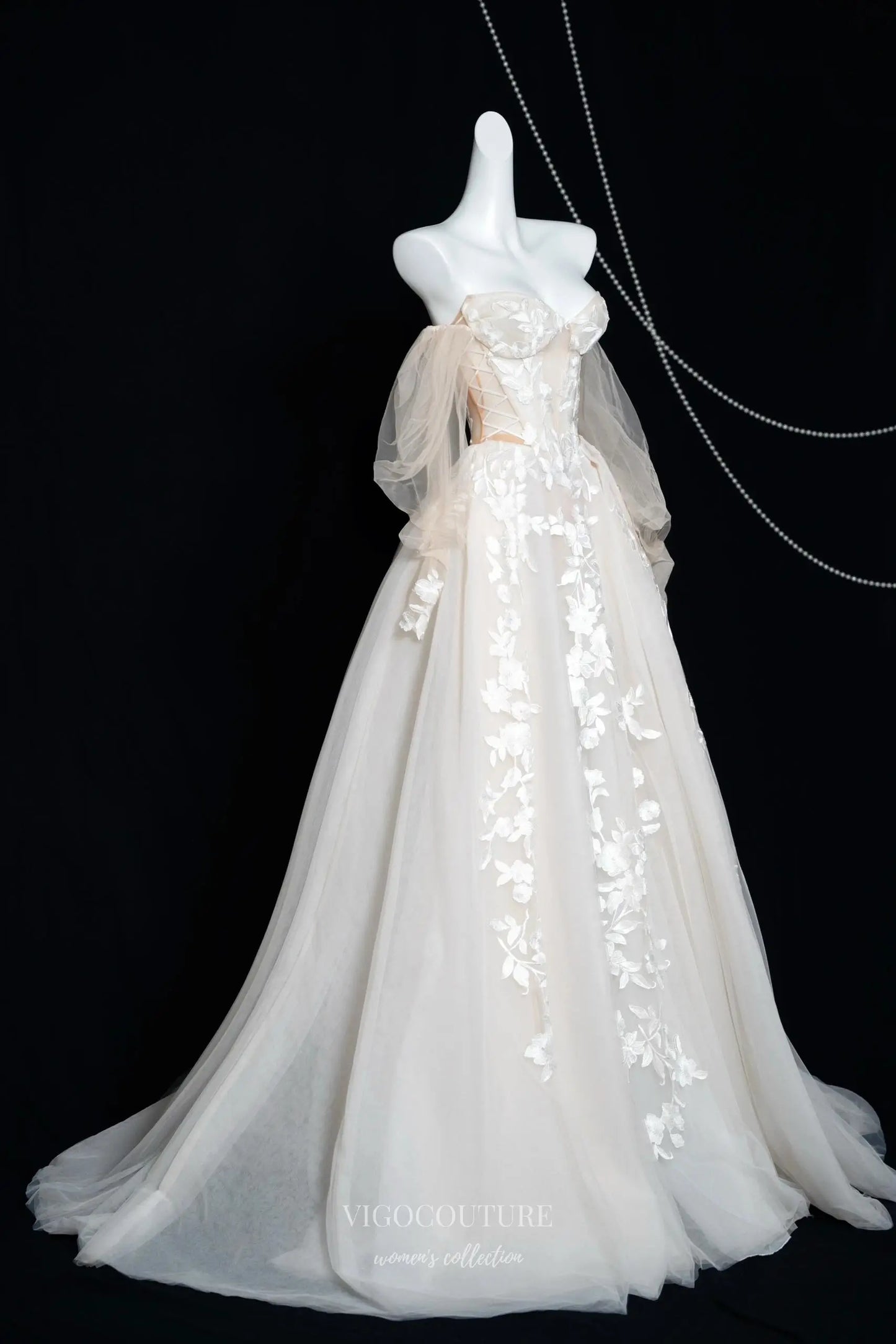 Wedding Dresses 2025 to impress Ivory Floral Appliqué Wedding Dress with Sheer Corset Bodice, Puffy Sleeves, and Chapel Train – RD034-vigocouture-vigocouture
