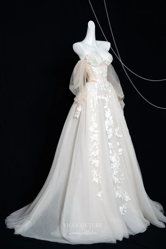 Wedding Dresses 2025 to impress Ivory Floral Appliqué Wedding Dress with Sheer Corset Bodice, Puffy Sleeves, and Chapel Train – RD034-vigocouture-vigocouture