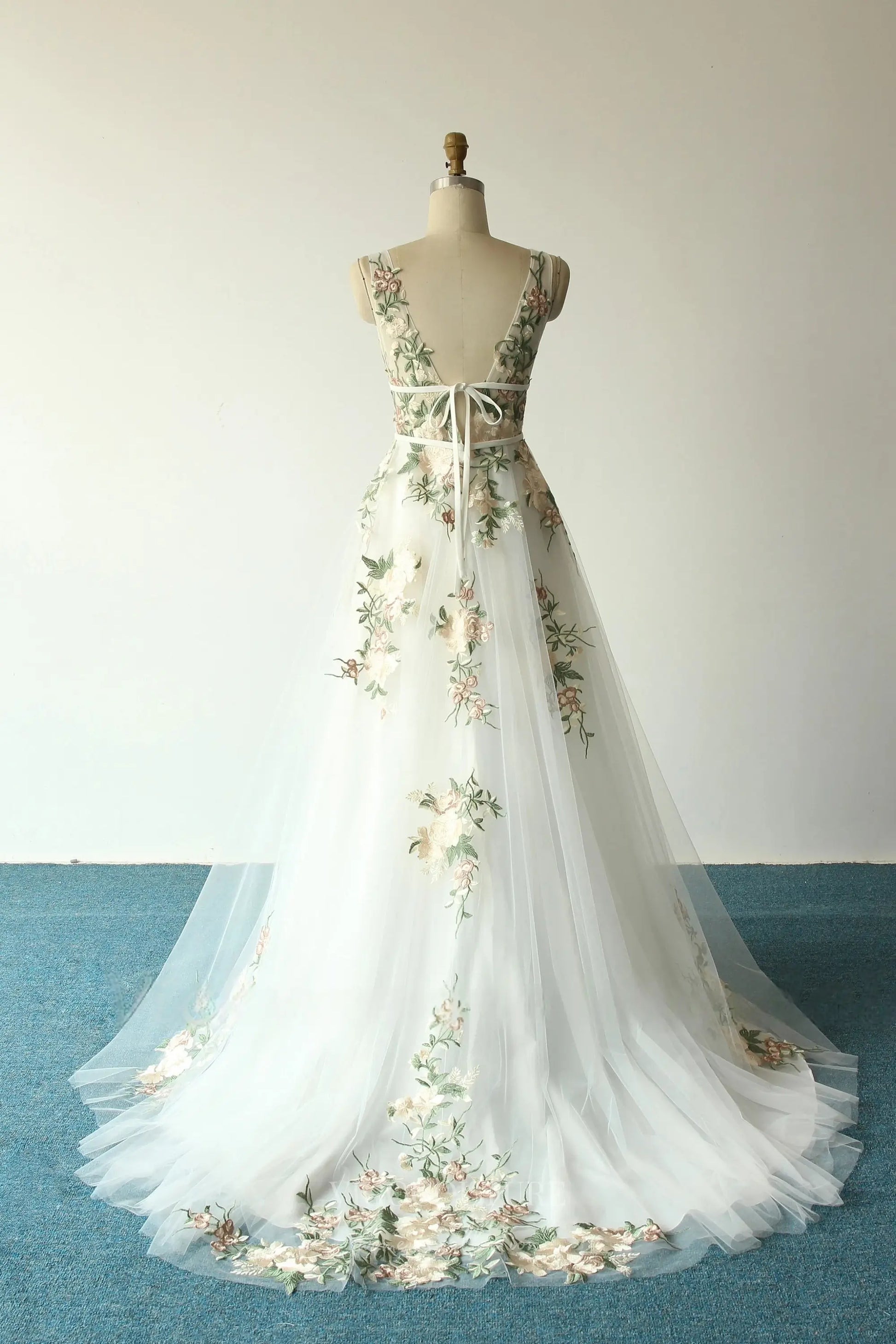 Wedding Dresses 2025 to impress Ivory Floral Embroidered Tulle Wedding Dress with Deep V-Neck, A-Line Skirt, and Low Back – W2222-vigocouture-vigocouture