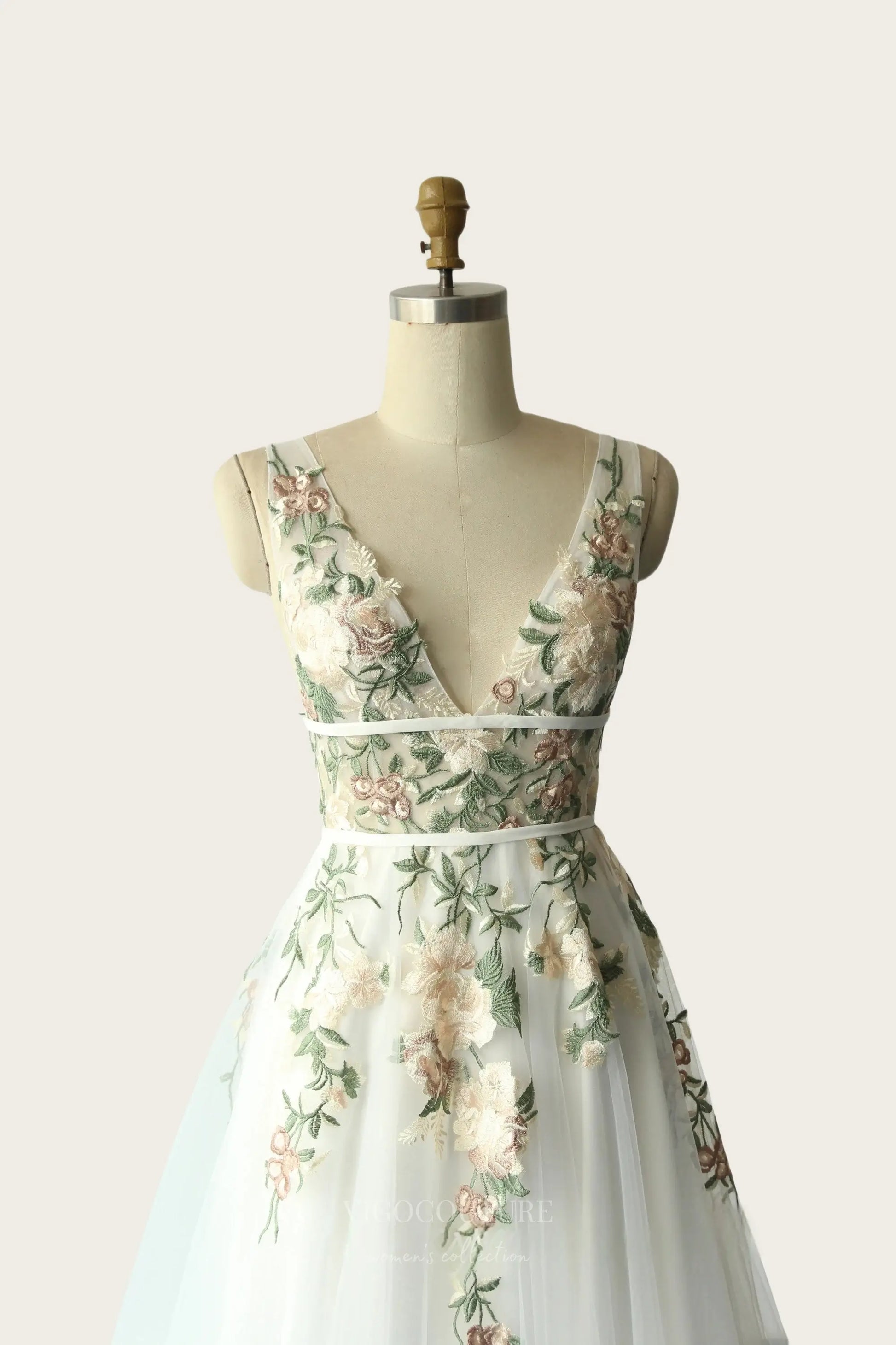 Wedding Dresses 2025 to impress Ivory Floral Embroidered Tulle Wedding Dress with Deep V-Neck, A-Line Skirt, and Low Back – W2222-vigocouture-vigocouture