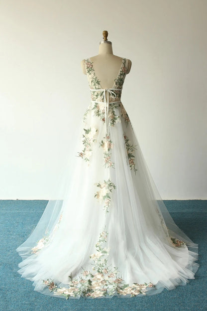 wedding dress with embroidered flowers Ivory Floral Embroidered Tulle Wedding Dress with A-Line Skirt and Deep V-Neck – W2222 Ivory / US20W
