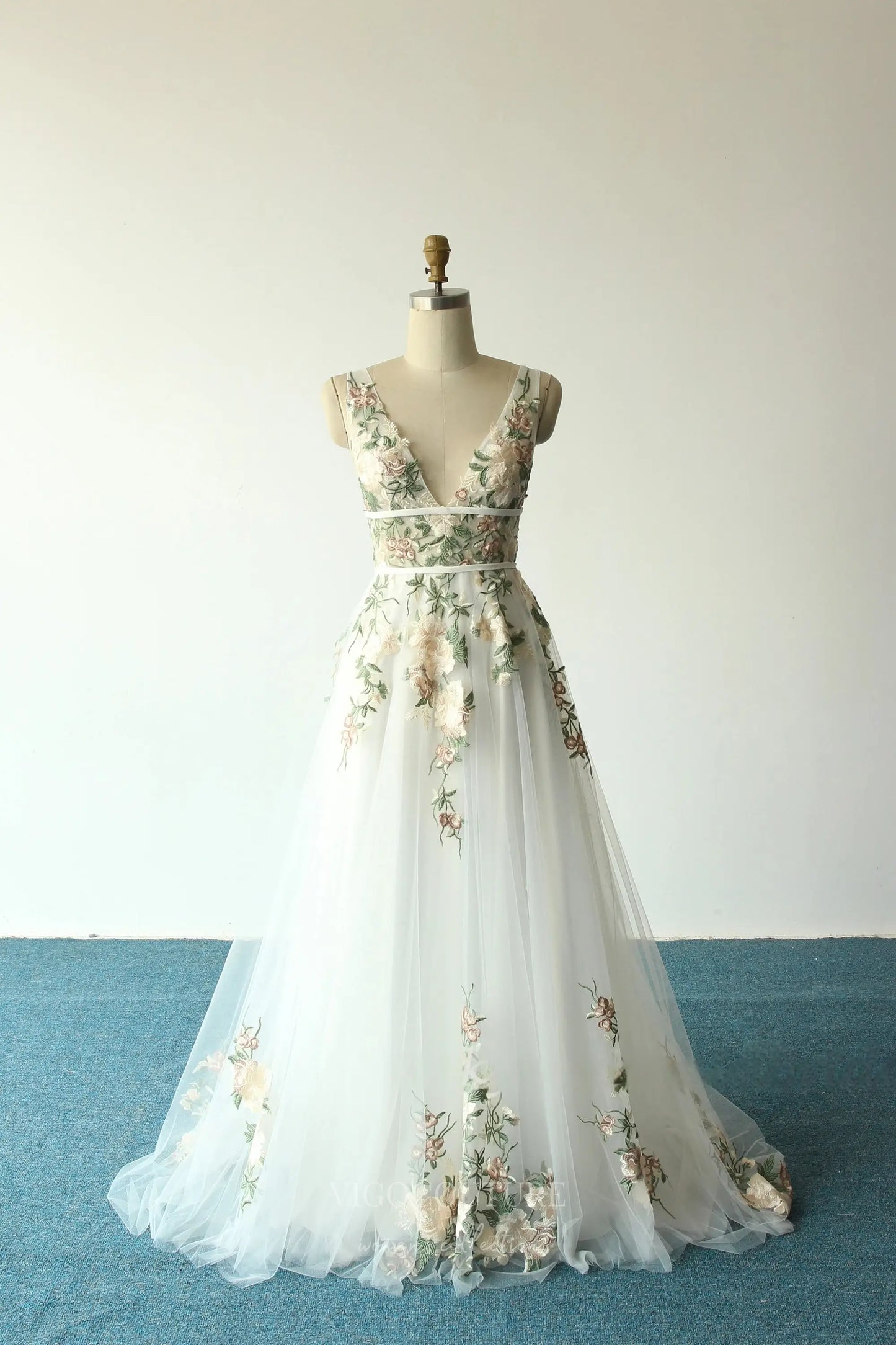 Wedding Dresses 2025 to impress Ivory Floral Embroidered Tulle Wedding Dress with Deep V-Neck, A-Line Skirt, and Low Back – W2222-vigocouture-vigocouture