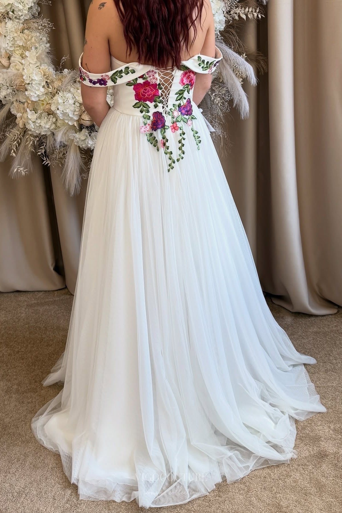 Wedding Dresses 2025 to impress Ivory Floral Embroidered Wedding Dress with Off-Shoulder Sleeves, Romantic Wildflower Bodice & Flowing Tulle Skirt – W2367-vigocouture-vigocouture