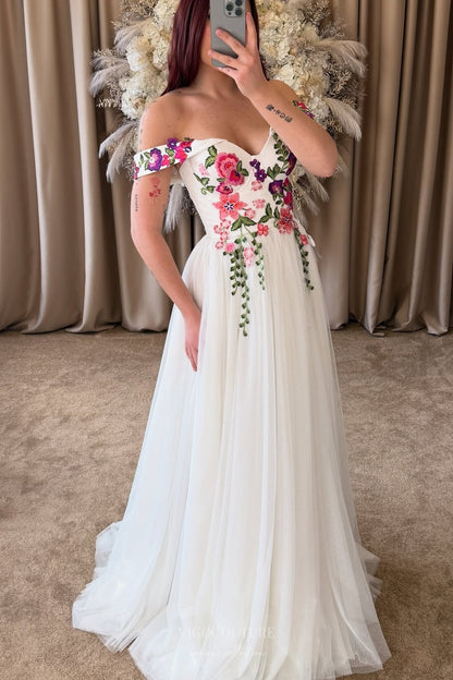 Wedding Dresses 2025 to impress Ivory Floral Embroidered Wedding Dress with Off-Shoulder Sleeves, Romantic Wildflower Bodice & Flowing Tulle Skirt – W2367-vigocouture-vigocouture