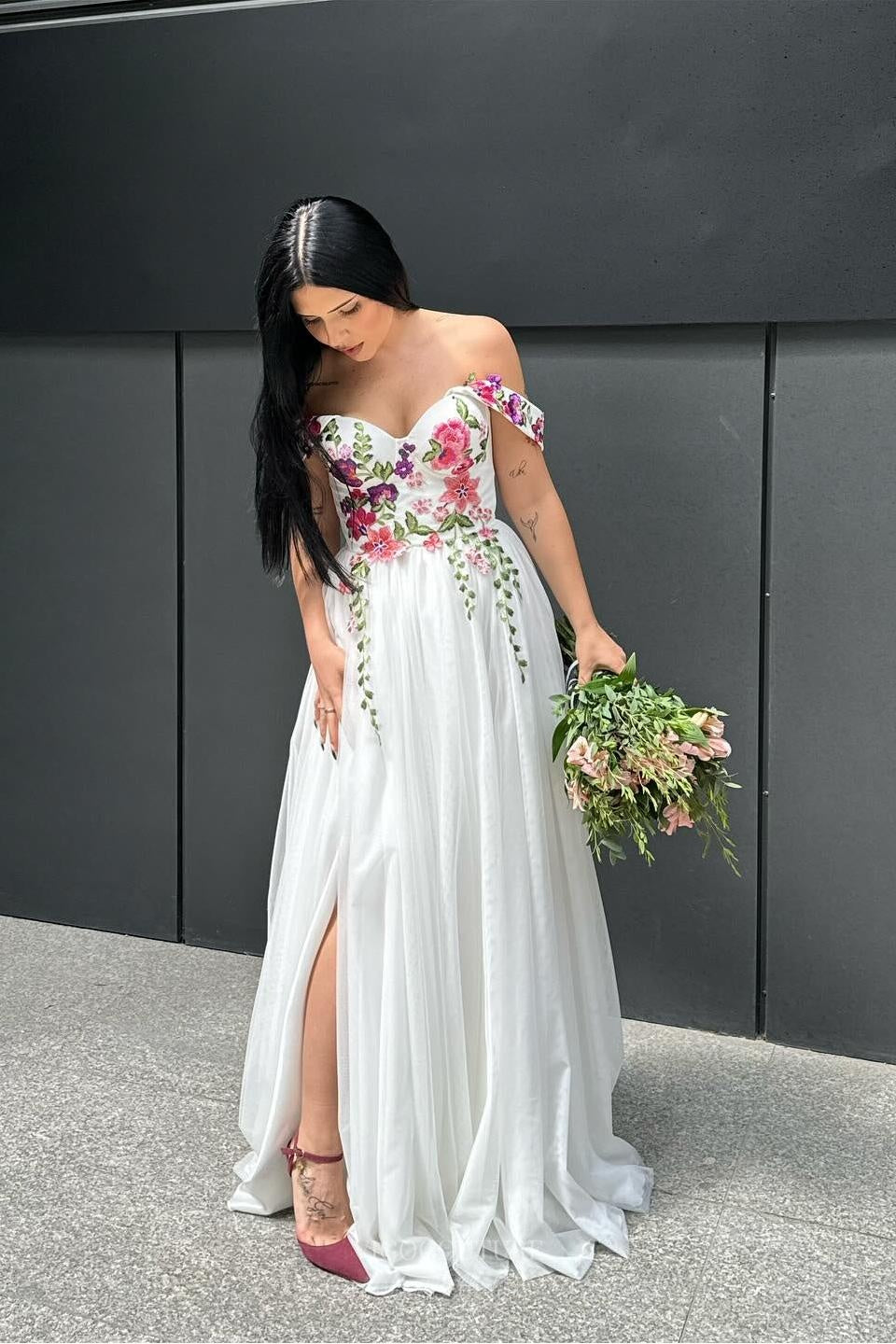 Wedding Dresses 2025 to impress Ivory Floral Embroidered Wedding Dress with Off-Shoulder Sleeves, Romantic Wildflower Bodice & Flowing Tulle Skirt – W2367-vigocouture-vigocouture