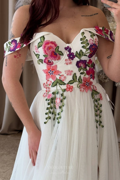 Wedding Dresses 2025 to impress Ivory Floral Embroidered Wedding Dress with Off-Shoulder Sleeves, Romantic Wildflower Bodice & Flowing Tulle Skirt – W2367-vigocouture-vigocouture