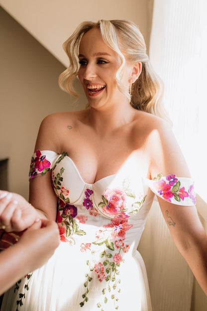 Wedding Dresses 2025 to impress Ivory Floral Embroidered Wedding Dress with Off-Shoulder Sleeves, Romantic Wildflower Bodice & Flowing Tulle Skirt – W2367-vigocouture-vigocouture