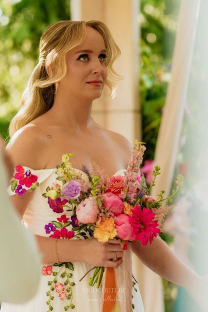 Wedding Dresses 2025 to impress Ivory Floral Embroidered Wedding Dress with Off-Shoulder Sleeves, Romantic Wildflower Bodice & Flowing Tulle Skirt – W2367-vigocouture-vigocouture