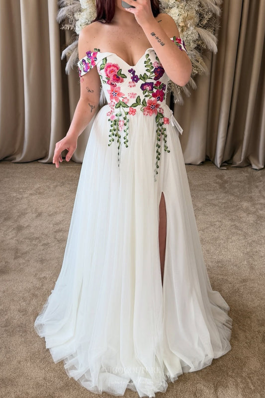 Ivory Floral Embroidered Wedding Dress with Off-Shoulder Sleeves, Romantic Wildflower Bodice & Flowing Tulle Skirt – W2367