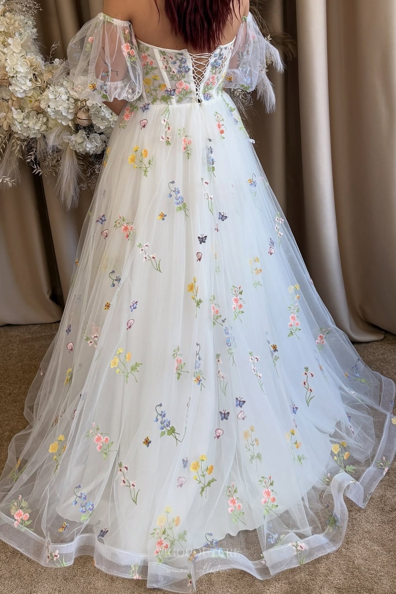 Wedding Dresses 2025 to impress Ivory Floral Embroidered Wedding Dress with Puff Sleeves, Sheer Corset Bodice & Romantic Wildflower Details – W2369-vigocouture-vigocouture