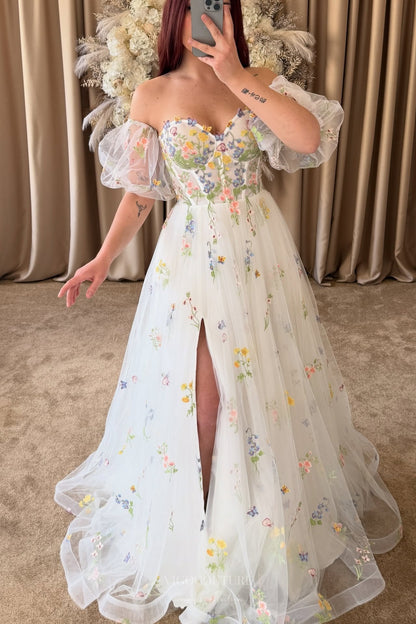 Wedding Dresses 2025 to impress Ivory Floral Embroidered Wedding Dress with Puff Sleeves, Sheer Corset Bodice & Romantic Wildflower Details – W2369-vigocouture-vigocouture