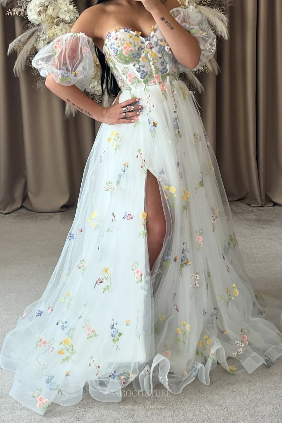 Wedding Dresses 2025 to impress Ivory Floral Embroidered Wedding Dress with Puff Sleeves, Sheer Corset Bodice & Romantic Wildflower Details – W2369-vigocouture-vigocouture
