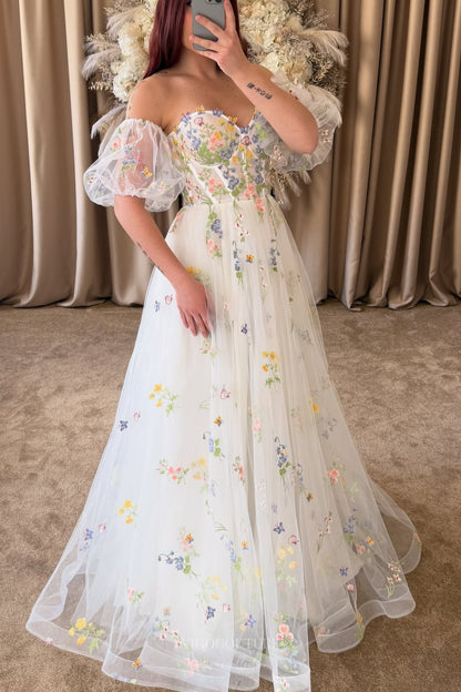 Wedding Dresses 2025 to impress Ivory Floral Embroidered Wedding Dress with Puff Sleeves, Sheer Corset Bodice & Romantic Wildflower Details – W2369-vigocouture-vigocouture