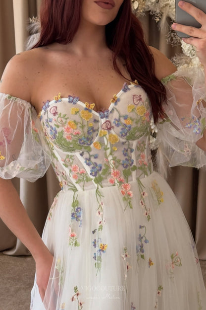 Wedding Dresses 2025 to impress Ivory Floral Embroidered Wedding Dress with Puff Sleeves, Sheer Corset Bodice & Romantic Wildflower Details – W2369-vigocouture-vigocouture