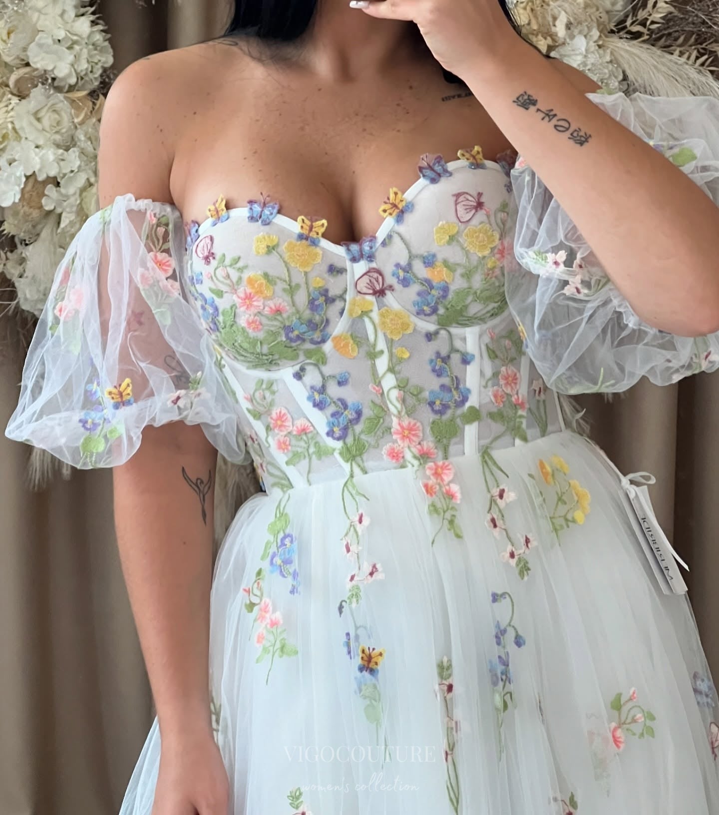 Wedding Dresses 2025 to impress Ivory Floral Embroidered Wedding Dress with Puff Sleeves, Sheer Corset Bodice & Romantic Wildflower Details – W2369-vigocouture-vigocouture