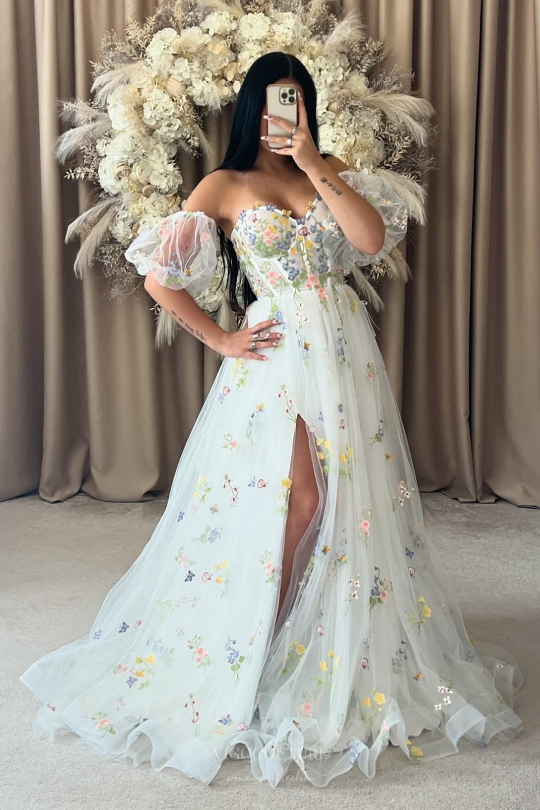 Ivory Floral Embroidered Wedding Dress with Puff Sleeves, Sheer Corset Bodice & Romantic Wildflower Details – W2369