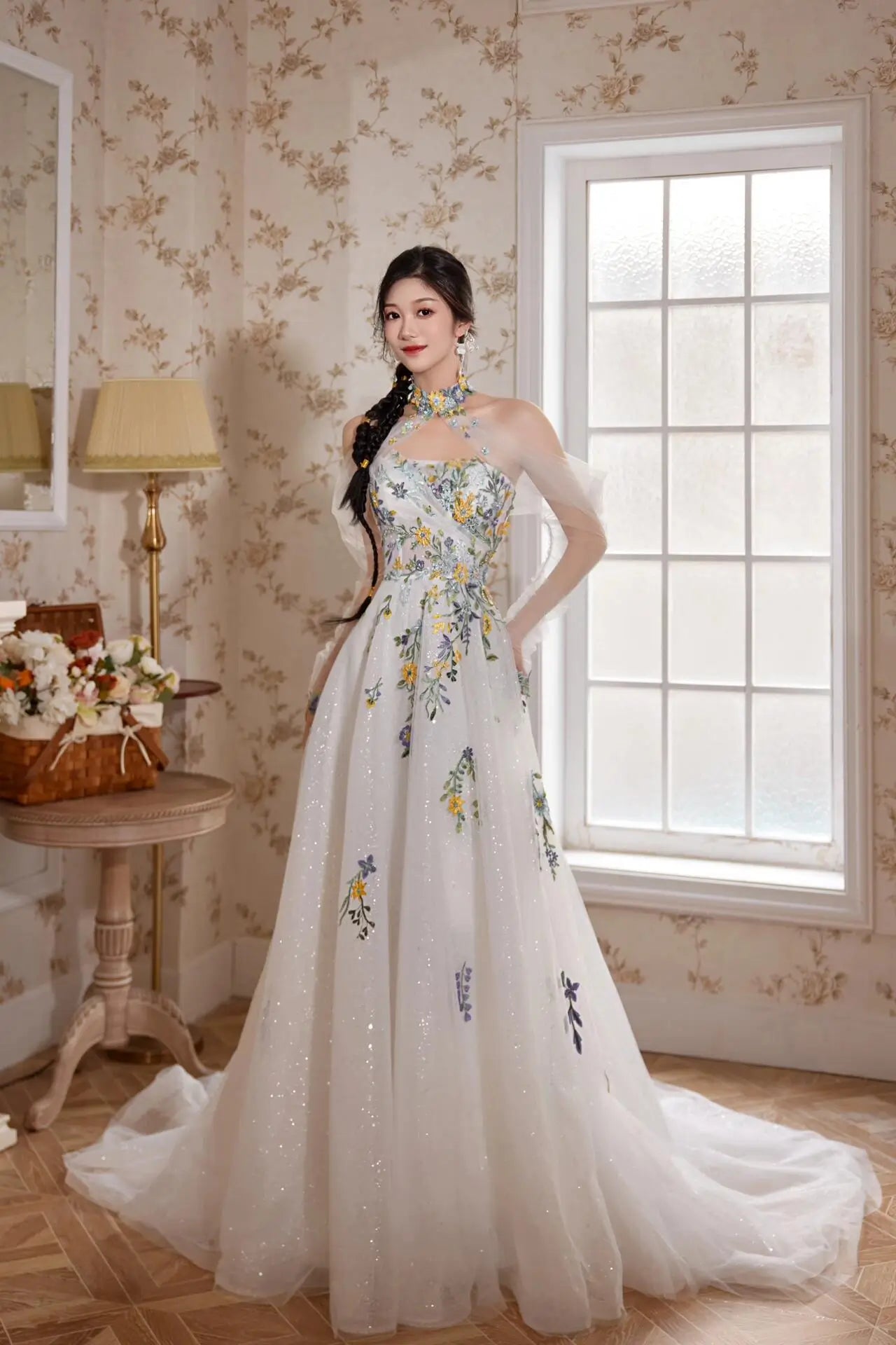 Wedding Dresses 2025 to impress Pastel Floral Embroidered Ball Gown Wedding Dress with Sparkle Tulle – Style RD014-vigocouture-vigocouture