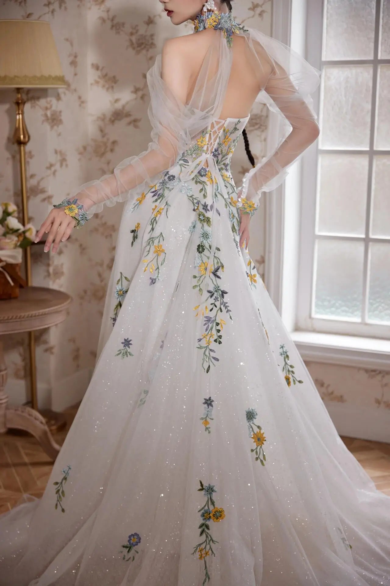 Ivory Floral Embroidered Wedding Dress with Sparkle Tulle Skirt and Removable Cape RD014 Custom Colors / 14 Ivory Floral Embroidered Wedding Dress with Sparkle Tulle Skirt and Removable Cape RD014 Custom Colors / 14