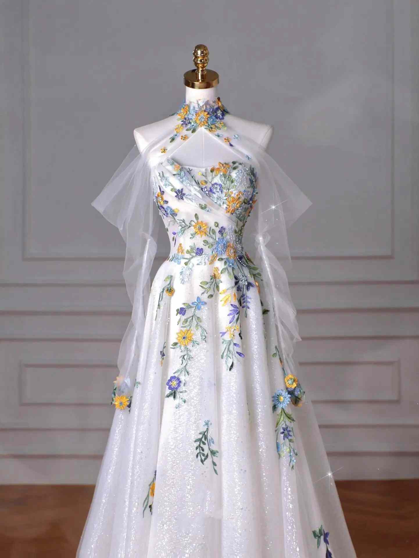 Ivory Floral Embroidered Wedding Dress with Sparkle Tulle Skirt and Removable Cape – RD014 Custom Colors / 14