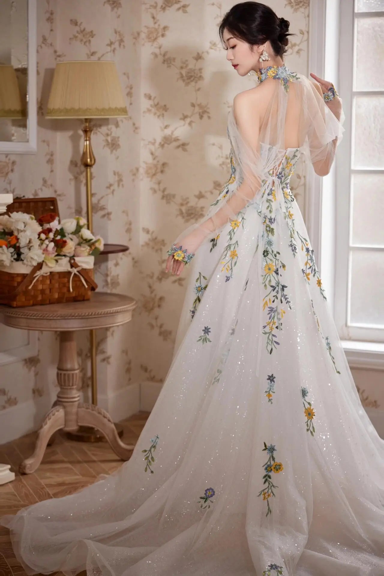 Ivory Floral Embroidered Wedding Dress with Sparkle Tulle Skirt and Removable Cape RD014 Custom Colors / 14 Ivory Floral Embroidered Wedding Dress with Sparkle Tulle Skirt and Removable Cape RD014 Custom Colors / 14