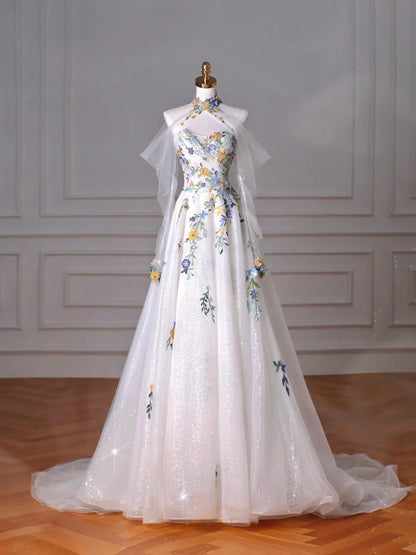 Wedding Dresses 2025 to impress Pastel Floral Embroidered Ball Gown Wedding Dress with Sparkle Tulle – Style RD014-vigocouture-White-Custom Size-vigocouture