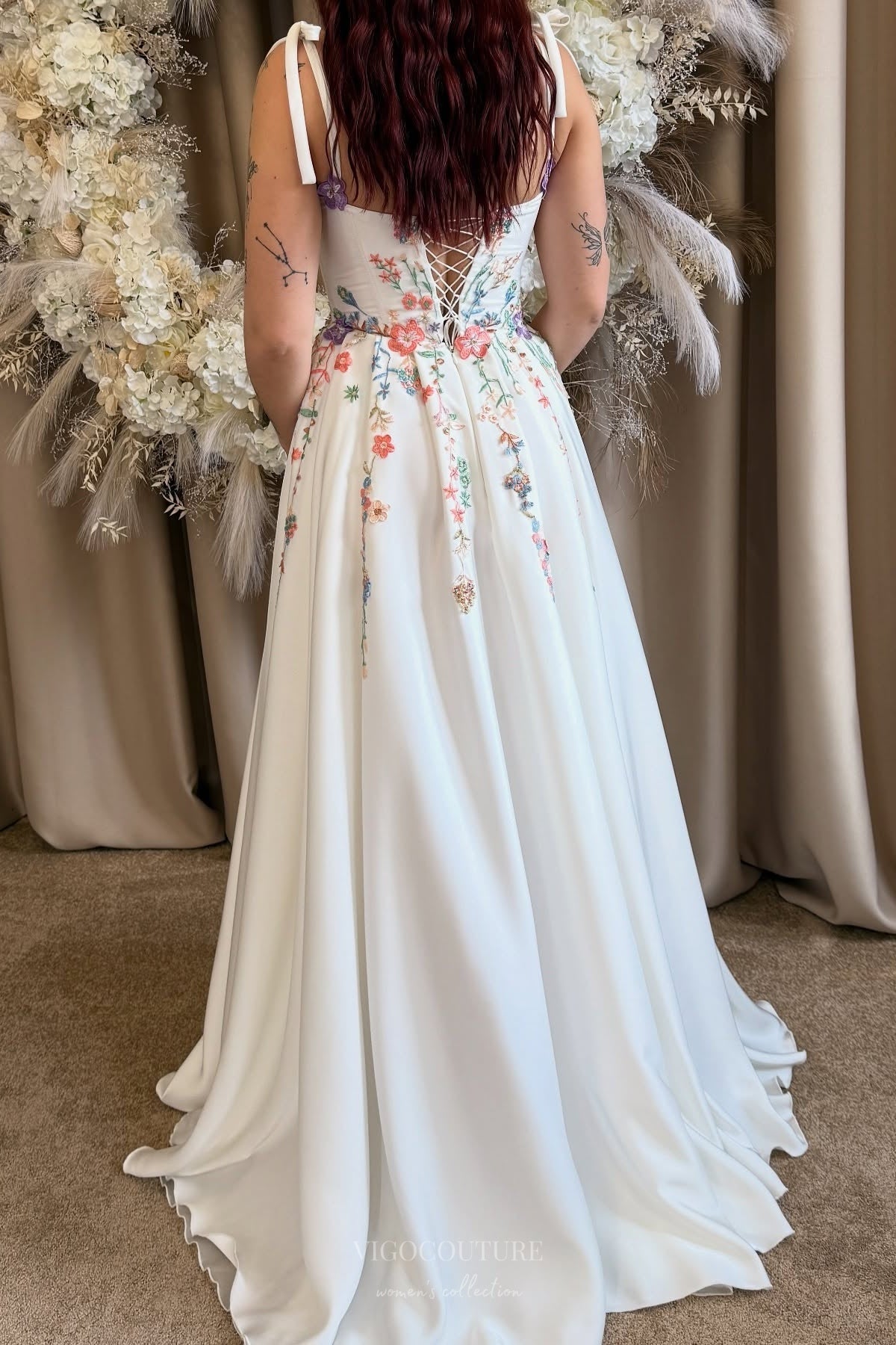 Wedding Dresses 2025 to impress Ivory Floral Embroidered Wedding Dress with Tie Straps, Colorful Wildflower Motifs & Flowing A-Line Skirt – W2368-vigocouture-vigocouture