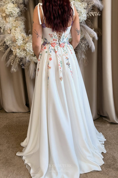 Wedding Dresses 2025 to impress Ivory Floral Embroidered Wedding Dress with Tie Straps, Colorful Wildflower Motifs & Flowing A-Line Skirt – W2368-vigocouture-vigocouture