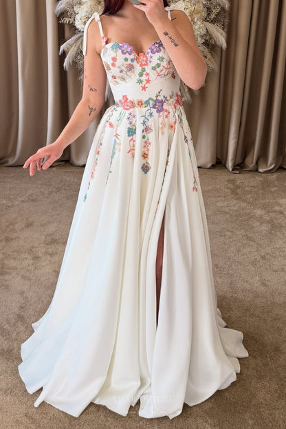 Wedding Dresses 2025 to impress Ivory Floral Embroidered Wedding Dress with Tie Straps, Colorful Wildflower Motifs & Flowing A-Line Skirt – W2368-vigocouture-vigocouture