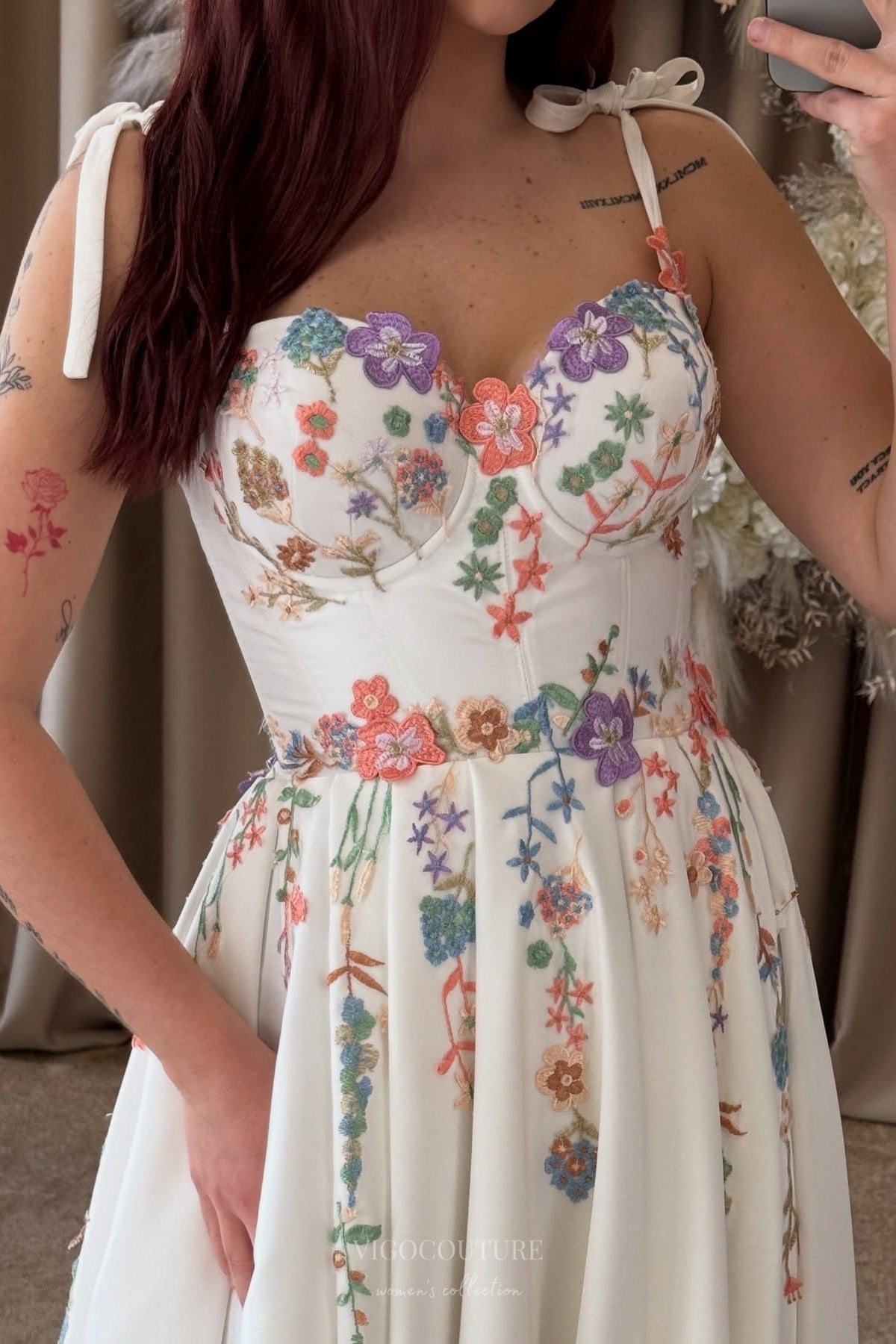 Wedding Dresses 2025 to impress Ivory Floral Embroidered Wedding Dress with Tie Straps, Colorful Wildflower Motifs & Flowing A-Line Skirt – W2368-vigocouture-vigocouture