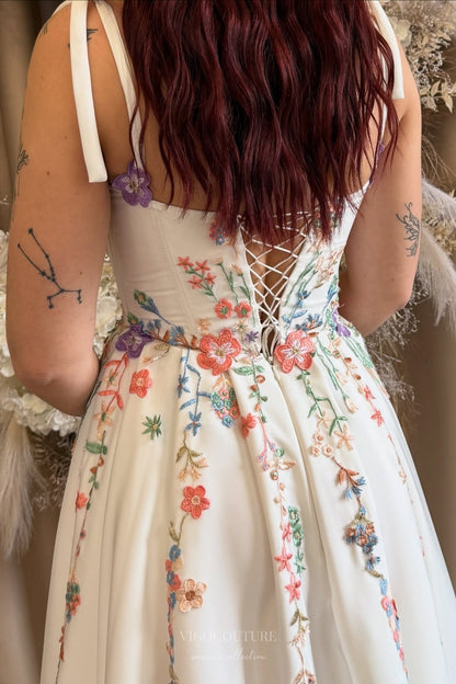 Wedding Dresses 2025 to impress Ivory Floral Embroidered Wedding Dress with Tie Straps, Colorful Wildflower Motifs & Flowing A-Line Skirt – W2368-vigocouture-vigocouture